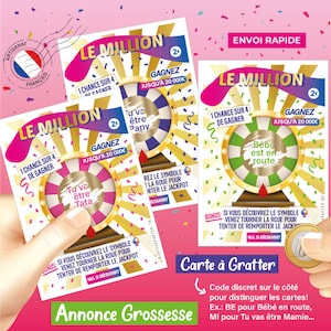 Pregnancy announcement scratch card, similar game to the FDJ (French National Lottery), original idea: scratch card jackpot, dad, grandparents, family. Fast delivery in France. Le Million
