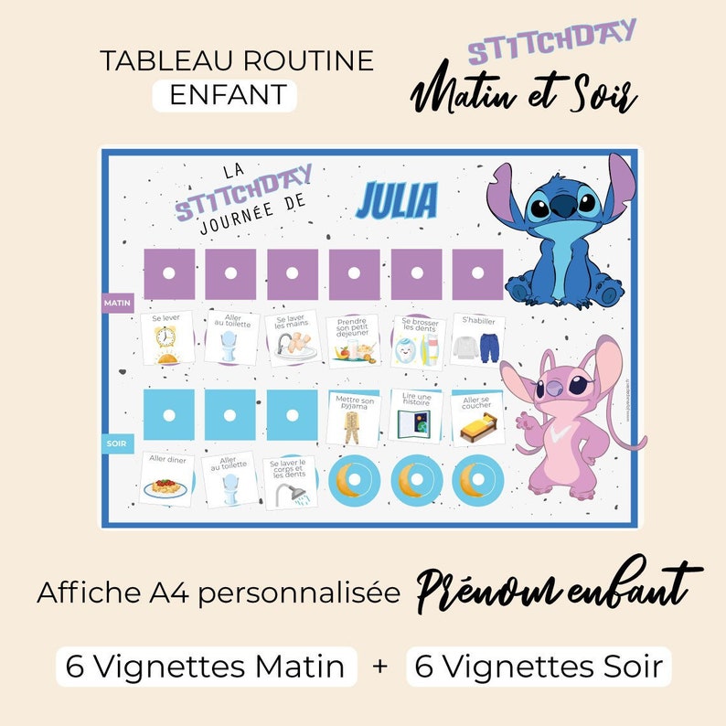 STITCHDAY Children's Morning and Evening Routine Chart Montessori 6 vignettes daily tasks stitch fan StitchDay