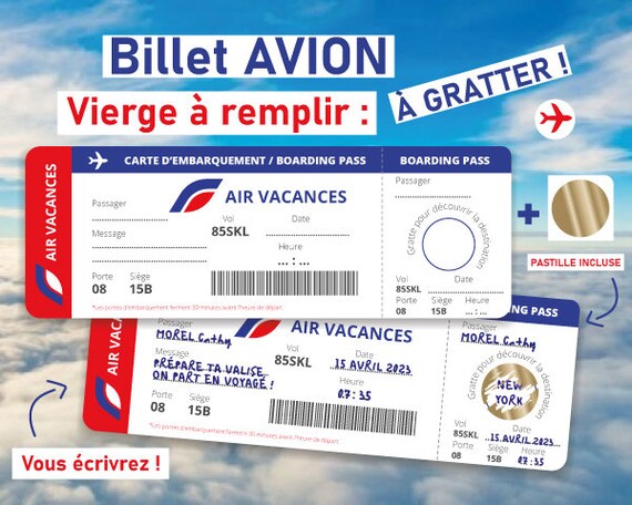 Billet avion personnalisable à gratter Carte d'embarquement surprise  personnalisée annonce voyage originale cadeau noel vacances séjour