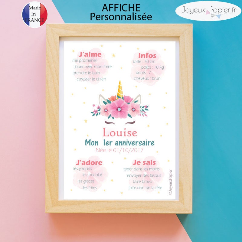 Affiche Naissance Personnalisée Chambre Bébé Enfant Modèle Licorne Pour Fille Poster Déco Imprimé su