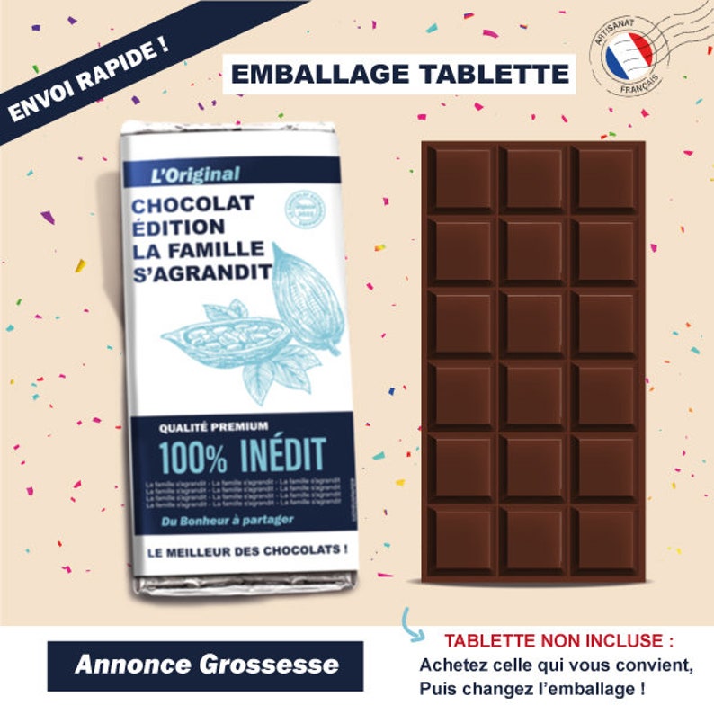 May include: A brown chocolate bar wrapper with the text "L'Original Chocolat Edition La Famille S'Agrandit" and "100% INEDIT" in blue and white. The wrapper features a cocoa pod illustration and the text "Qualit&eacute; Premium". The wrapper is next to a brown chocolate bar with 12 squares.