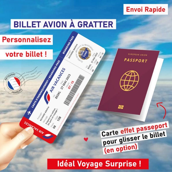 Billet avion personnalisable à gratter Carte d'embarquement surprise personnalisée annonce voyage originale cadeau noel vacances séjour