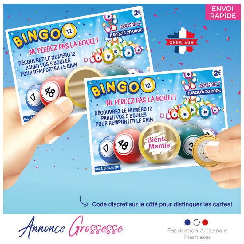 Pregnancy announcement scratch card, similar game to the FDJ (French National Lottery), original idea: scratch card jackpot, dad, grandparents, family. Fast delivery in France. Bingo12