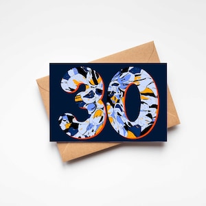 de aniversário de 30 anos, cartão de trinta aniversários cartão de aniversário floral azul | Cartão de aniversário Milestone - impressão de número com cores de fundo personalizadas