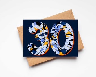 30th Birthday Card, Thirty Birthday Card - Blue Floral Birthday Card | Milestone Birthday Card - Number print with custom background colours