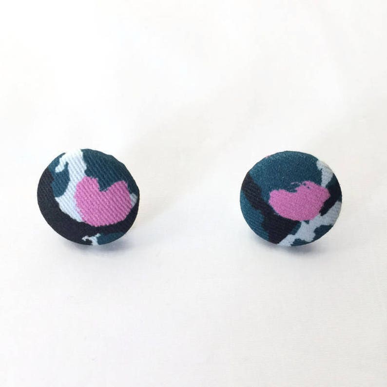 Fabric Covered Button Earrings in Torto Print image 2