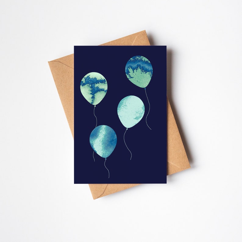 Geo Balloons Blue Art Greeting Card A6 thank you card, note cards, art card, blank card, keepsake card, original art cards, luxury card image 1