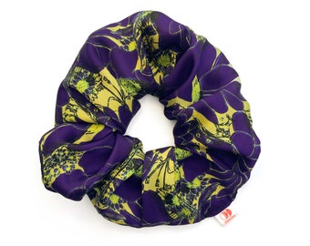 Large Hair Silky Satin Scrunchie Purple Late Bloom Floral Print Pattern, oversize scrunchie, large scrunchie, xxl scrunchie, gifts for girls
