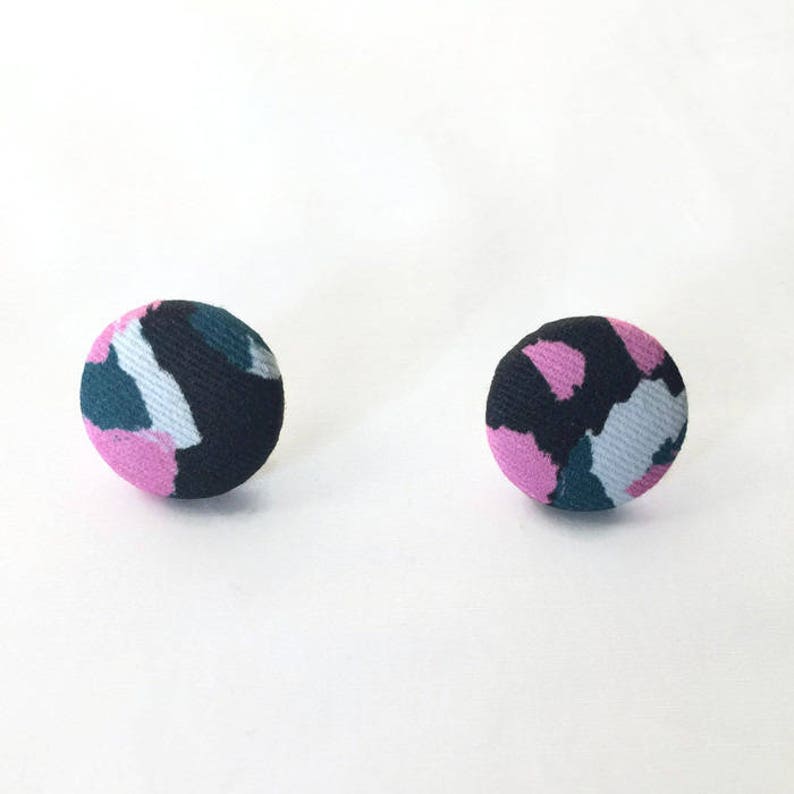 Fabric Covered Button Earrings in Torto Print image 1