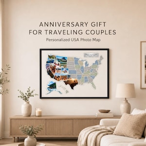 Könnte beinhalten: Eine gerahmte Wandkarte der Vereinigten Staaten mit einer personalisierten Fotocollage über bestimmten Bundesstaaten. Der Text oben lautet ANNIVERSARY GIFT FOR TRAVELING COUPLES Personalized USA Photo Map, mit dem Etikett Places we've been.