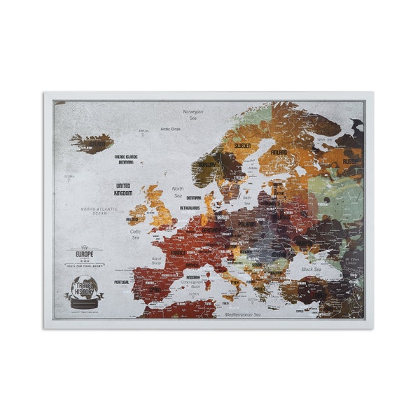Carte de l'Europe avec punaises « Multicolore », carte de voyage avec épingles, carte de l'Europe personnalisable pour les voyageurs, carte de voyage personnalisée - Disponible avec cadre