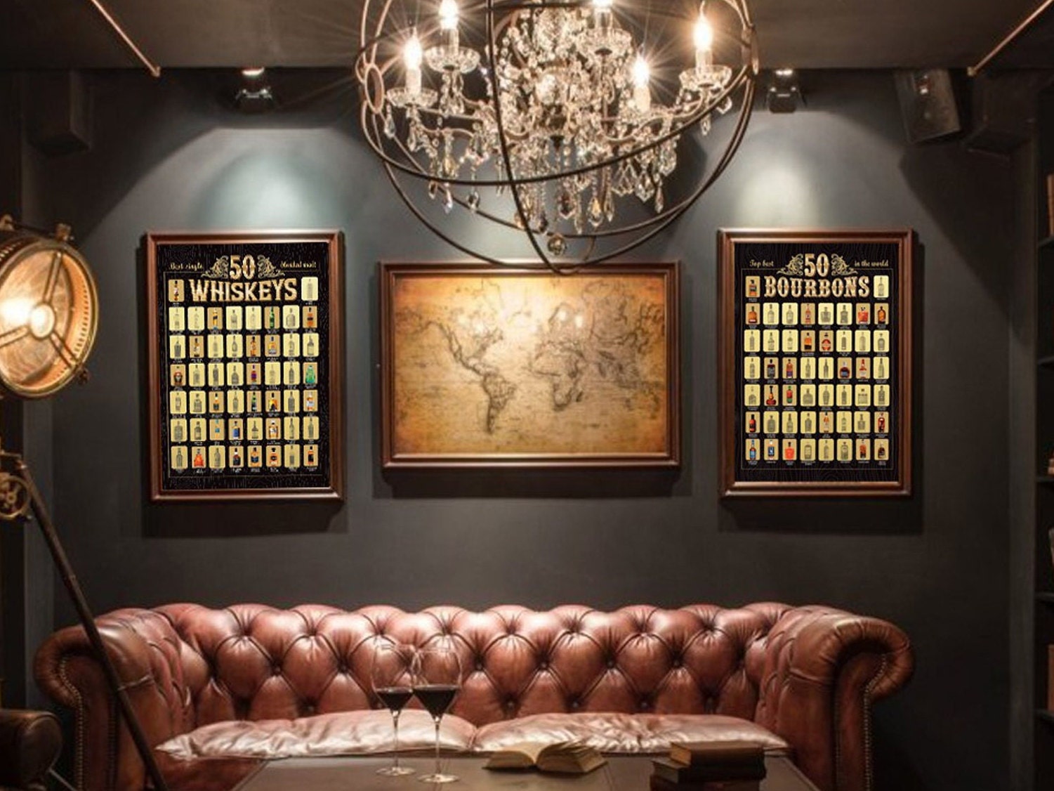 The Bourbon and Whiskeys Bucket List, Best Beverages Set, Scratch-Off Posters, Top 50 Bourbons and Top 50 Whiskeys, Man Cave, Home Bar Decor