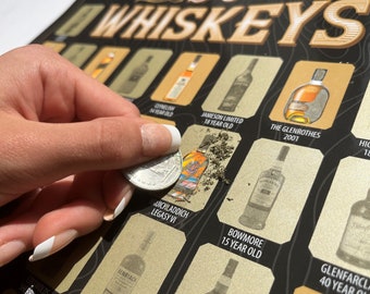 The Whiskeys Bucket List Scratch Poster - Top 50 Whiskeys - Man Cave Signs - Whiskey Bar Signs, Home Bar Decor, Dad Gifts