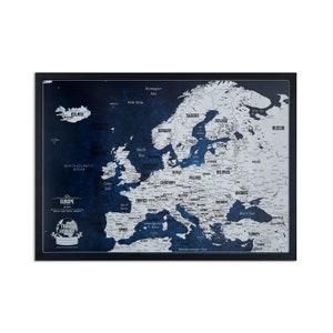 Personalisierte Europa Karte mit Pins - Originalfarben ""Indigo Beton", Map of Places I Have Been mit Pins - Landkarte +50 farbige Pins."