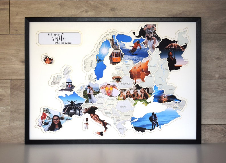 Personalized Photo Map of Europe for Traveling Gifts Original Travel Photo Frame FREE SHIPPING  birthday map gift for travelers framed personalized gift best gift for a friend Anniversary collage photo frame European Map family gift Christmas gift