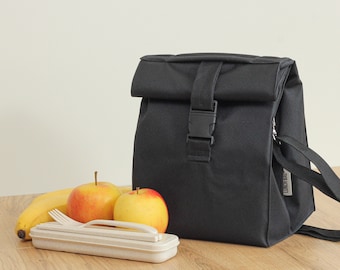 Black Insulated Lunch Bag with Strap: Unisex Roll Top Design