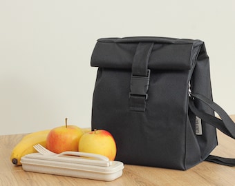 black insulated lunch bag for man with strap - adult lunch bag - lunch box - gift for him