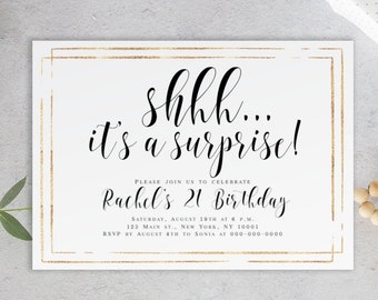 Shhh Its a surprise 100% Editable text Templett Calligraphy Create your own invitation Gold Birthday invitation template download #VMHT117