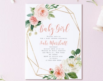 Invitación de baby shower para niña editable, plantilla digital imprimible para niña, invitación floral con vegetación rosa, descarga instantánea, bricolaje #VMHT163