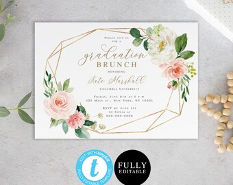 Instant download Graduation invite template Grad brunch High school, College, University party announcement Blush Pink White Gold #VMHT423