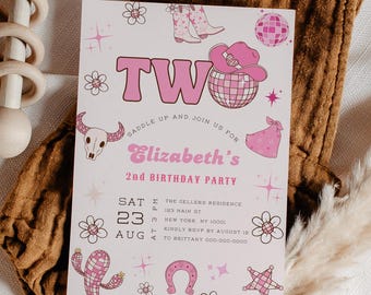 Convite de Aniversário de 2 Anos com Tema de Cowgirl Rosa: Festa Disco Rodeio (Download Digital)