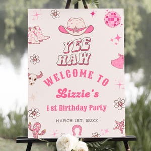 Pink Cowgirl 1st Birthday Party Welcome Sign, Editable Disco Rodeo Party Decor, Western Girl Birthday Printable, Yeehaw First Rodeo Sign C04