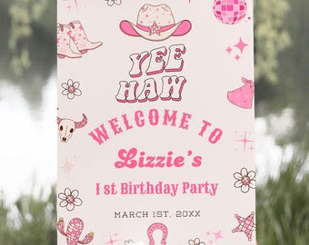 Pink Cowgirl 1st Birthday Party Welcome Sign, Editable Disco Rodeo Party Decor, Western Girl Birthday Printable, Yeehaw First Rodeo Sign C04