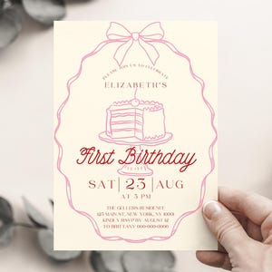 Editable Coquette 1st Birthday Invite for Girl, Pink Hand Drawn Cake & Whimsical Font, Bow-Themed DIY First Birthday Invitation Template C97