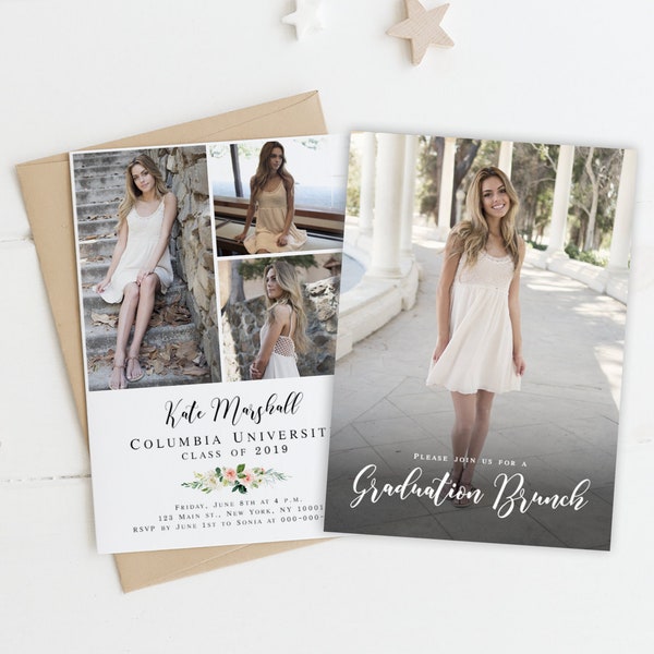 College graduation invite template with photos Brunch Grad invitation for girl Pink floral Create your own invitation Templett 5x7 #VMHT583