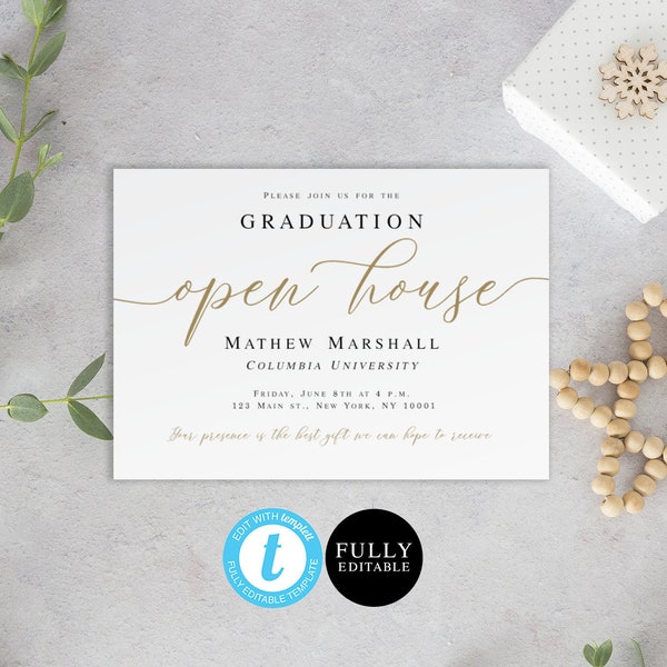 Templett Open house Graduation invitation template PRINTABLE Elegant Invite Instant download Try before you buy Gold Grad party DIY #VMHT420