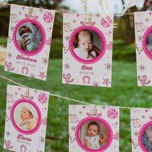 Cartes d'étape mensuelles imprimables pour bébé, bannière photo 1re année sur le thème de la cow-girl de l'espace, affichage de photos pour la première année de bébé, modèle Canva C04