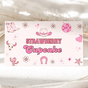Etiqueta de comida para fiesta de vaqueras editable, etiqueta de comida para fiesta temática de vaqueras imprimible, tarjeta con nombre de comida personalizada para primer cumpleaños en color rosa C04