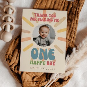 One Happy Boy Photo Birthday Thank You Card, Editable One Happy Boy Thank You, Thank You Happy Boy 1st Birthday Card, Download Template C03