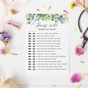 Guess Who Baby Shower Game Template, Mommy Or Daddy, Mom Or Dad Baby Sprinkle Activities, Download, Funny, Fun, Succulent, Leaves #VMHT4121
