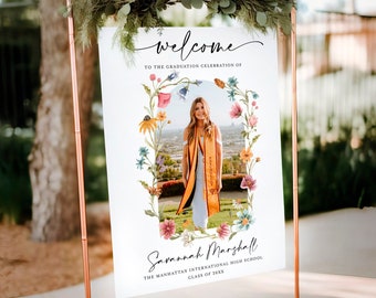 Letrero de bienvenida de graduación con flores silvestres y foto, plantilla DIY (descarga digital)