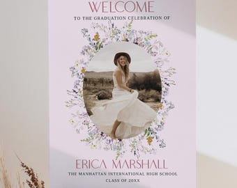Wildflower Pink Graduation Welcome Sign With Photo, Graduation Yard Sign, Grad Party Sign, Printable Board, DIY Template, Download #VMHc74