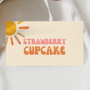 Modelo de rótulo de comida personalizado, barraca de comida editável para aniversário ou chá de bebê, cartão de buffet retrô, impressão Canva, placa de mesa dobrável C03
