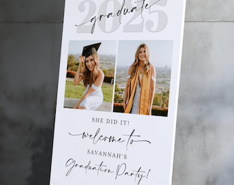 Graduation Welcome Sign with Two Photos, She Did It Modern Class of 2026 Party Poster, Custom Sign for High School or College Grad c41