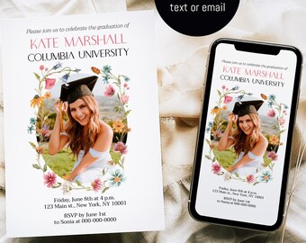 Invitación de graduación editable con flores silvestres, anuncio floral de graduación con foto, invitación para fiesta de graduación estilo bohemio, tarjeta de graduación universitaria VMHc82