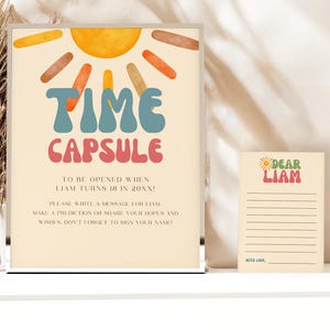 Moderne bundel met tijdcapsulebord voor babyshower of eerste verjaardag, bewerkbare Sunshine-gastenboekkaarten, Instant Canva-sjabloon downloaden C03