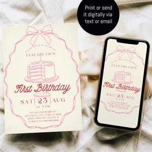 Whimsical Pink Bow First Birthday Invitation, Editable Girl 1st Birthday Template with Hand Drawn Cake & Coquette Style, DIY Invite C97