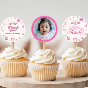 Space Cowgirl Cupcake Toppers, Custom Photo Birthday Cake Picks, First Birthday Party Decor, Printable Digital Download, Fun Party Favor C04
