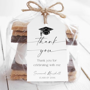 Modello modificabile per etichetta di ringraziamento per la laurea, etichetta minimalista per bomboniera con berretto nero per la classe del 2025, etichetta regalo stampabile per festa di laurea, download Cf37