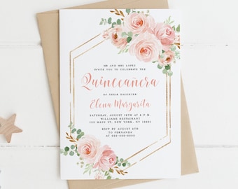 Quinceanera Invitation Template, Printable, Fully Editable, Try before you buy, Templett, Instant download, Mis Quince, Gold Hexagon #VMHT32