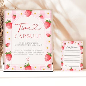 Berry First Birthday Time Capsule Sign, Editable Strawberry Party Sign, Printable Birthday Time Capsule Message Card, Digital Template CNb12