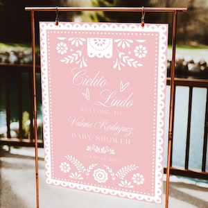 Cielito Lindo Baby Shower Welcome Sign Editable Template, Mexican Papel Picado Pink Poster, Fiesta Talavera Party Decor, Canva Sign C08