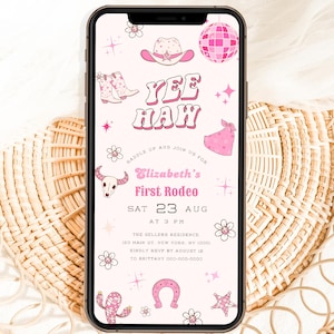 Editable Yee Haw First Rodeo Birthday Text Invitation, Pink Cowgirl 1st Birthday Party E-Invite, Western Disco Rodeo Digital Download C04
