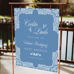 Cielito Lindo Baby Shower Welcome Sign, Blue Papel Picado Mexican Talavera Party Decor, Printable Canva Template, Baby Sprinkle Poster C08