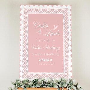 Modello di cartello per baby shower Cielito Lindo, poster di benvenuto messicano Papel Picado, decorazione per ragazza rosa Talavera Fiesta, cartello per bambini Canva C08