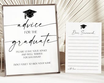 Graduation Advice Card Printable, Editable Wishes Sign for Graduate, Black Cap Theme Grad Party Game, Instant Download, Class of 2026 Cf37
